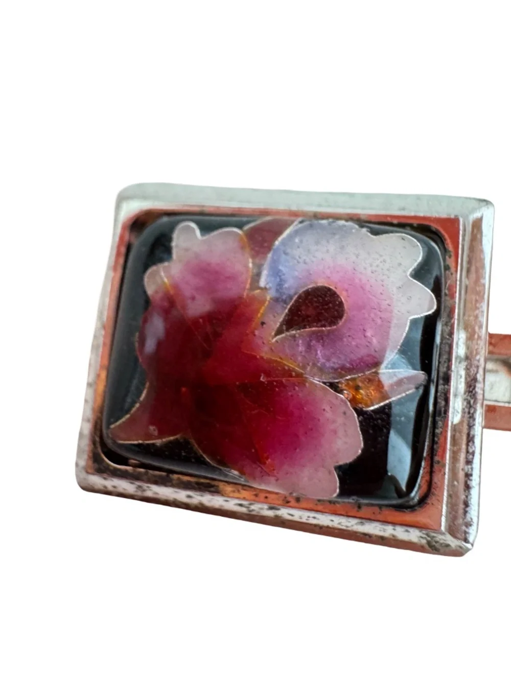 Vintage Japanese Cloisonne Tie Clip Pink White Floral Enamel Silver Tone Bar 2in